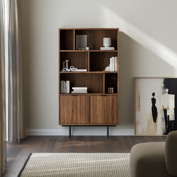 Japandi Bücherregal Schwarz Metallfüße braun COLGO