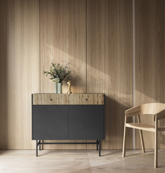 Kommode schmal mit 2 Schubladen Eiche artisan+schwarz DAVS