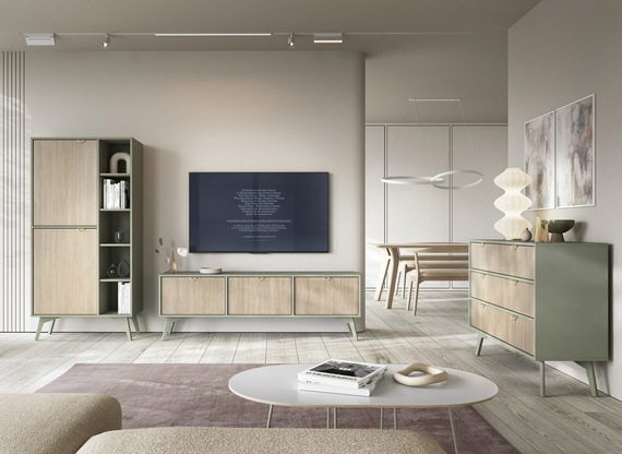 Kommode mit drei Schubladen GOLD Eukalyptus / Scandi Fischgrät
