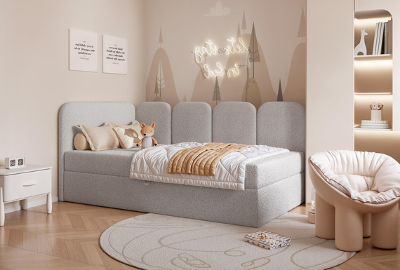 Modern und stilvoll Kinderbett DREAMY Boucle Grau mit Bettkasten