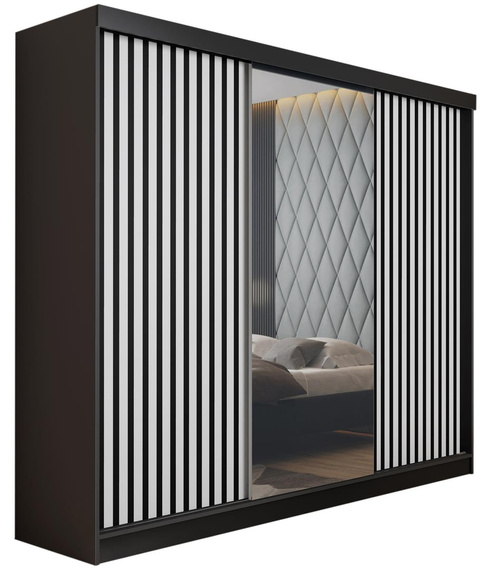 Schwebetürenschrank mit Lamellen und Spiegel LAMI graphit+weiß