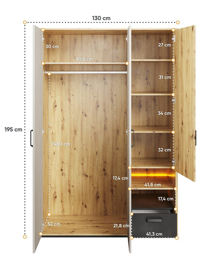Kleiderschrank dreitürig mit LED-Beleuchtung BOB Artisan