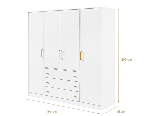 Kleiderschrank mit 3 Schubladen RETRO D4 Weiß Gold Griffe