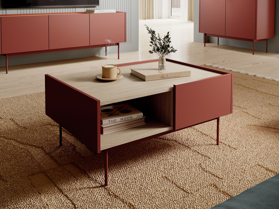 Couchtisch mit Schubladen ZOTI Eiche Linea+Rot