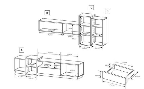 4er-Set, TV-Lowboard, Wandregal, 2x Hängeschrank) NONI