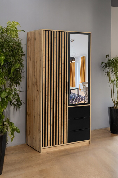 Kleiderschrank mit Lamellen OLS Eiche Wotan + Schwarz
