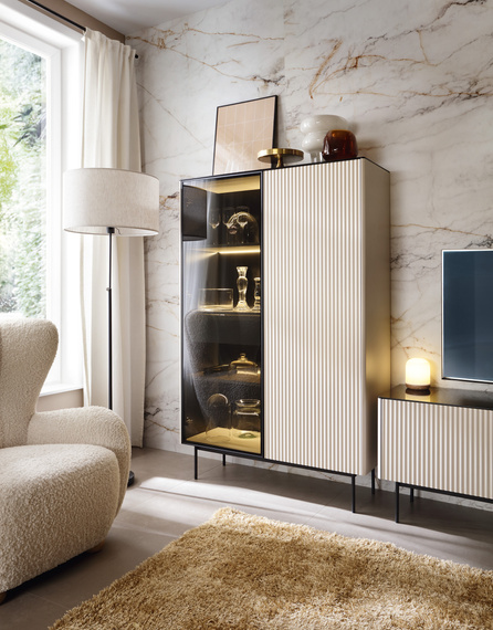 Moderne Vitrine Kaschmir mit Schublade und gehärtetem Glas