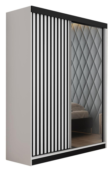 Schwebetürenschrank mit Lamellen und Spiegel LAMI weiß + schwarz