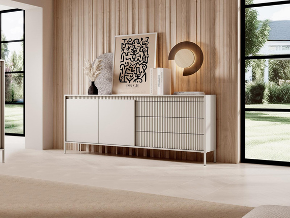 Kommode mit drei Schubladen und gerillte Front JULO Beige