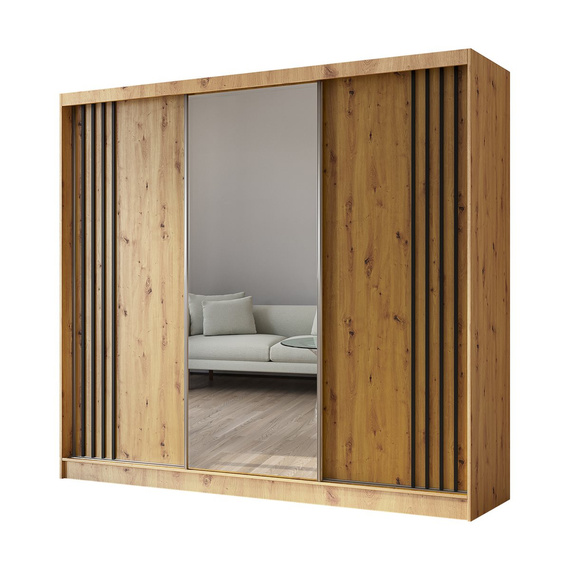 Kleiderschrank mit Spiegel MALTA Breite: 240 cm Eiche artisan + Schwarz