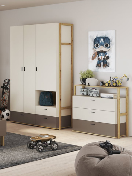Kinderkleiderschrank LAGOS 3-türig Schrank Beige/Eiche 