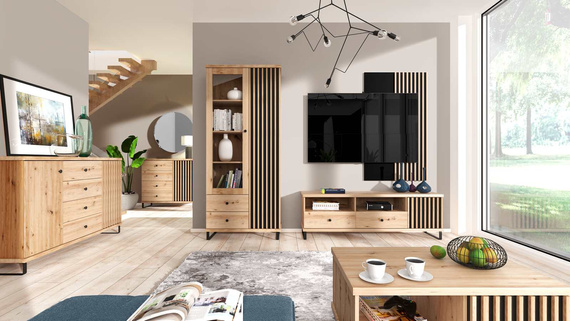 Standvitrine BORDO mit 2 Türig und 2 Schubladen Eiche Artisan