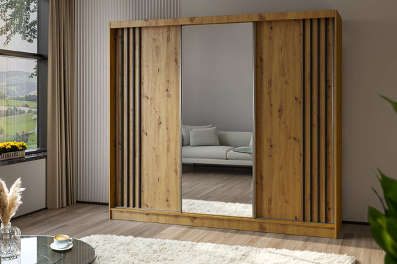 Kleiderschrank mit Spiegel MALTA Breite: 240 cm Eiche artisan + Schwarz
