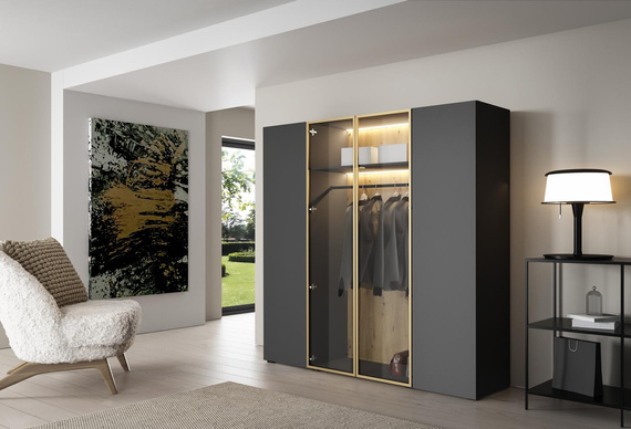 Designer Kleiderschrank mit LED Beleuchtung Glasfront Graphit STELLS