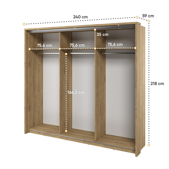 Schwebetürenschrank mit Spiegel mit 3x Kleiderstange ARTI