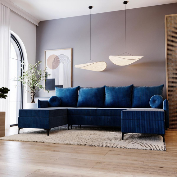 U-form Ecksofa Blau mit Bettkasten LEO 