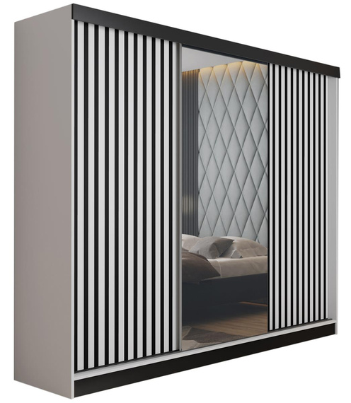 Schwebetürenschrank mit Lamellen und Spiegel LAMI weiß + schwarz